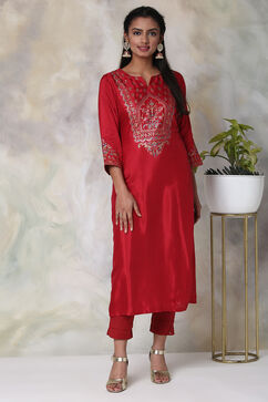 Red Viscose Straight Printed Kurta image number 4