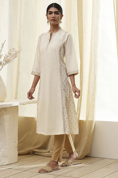 Cream-Colored Cotton Printed A-Line Kurta image number 2