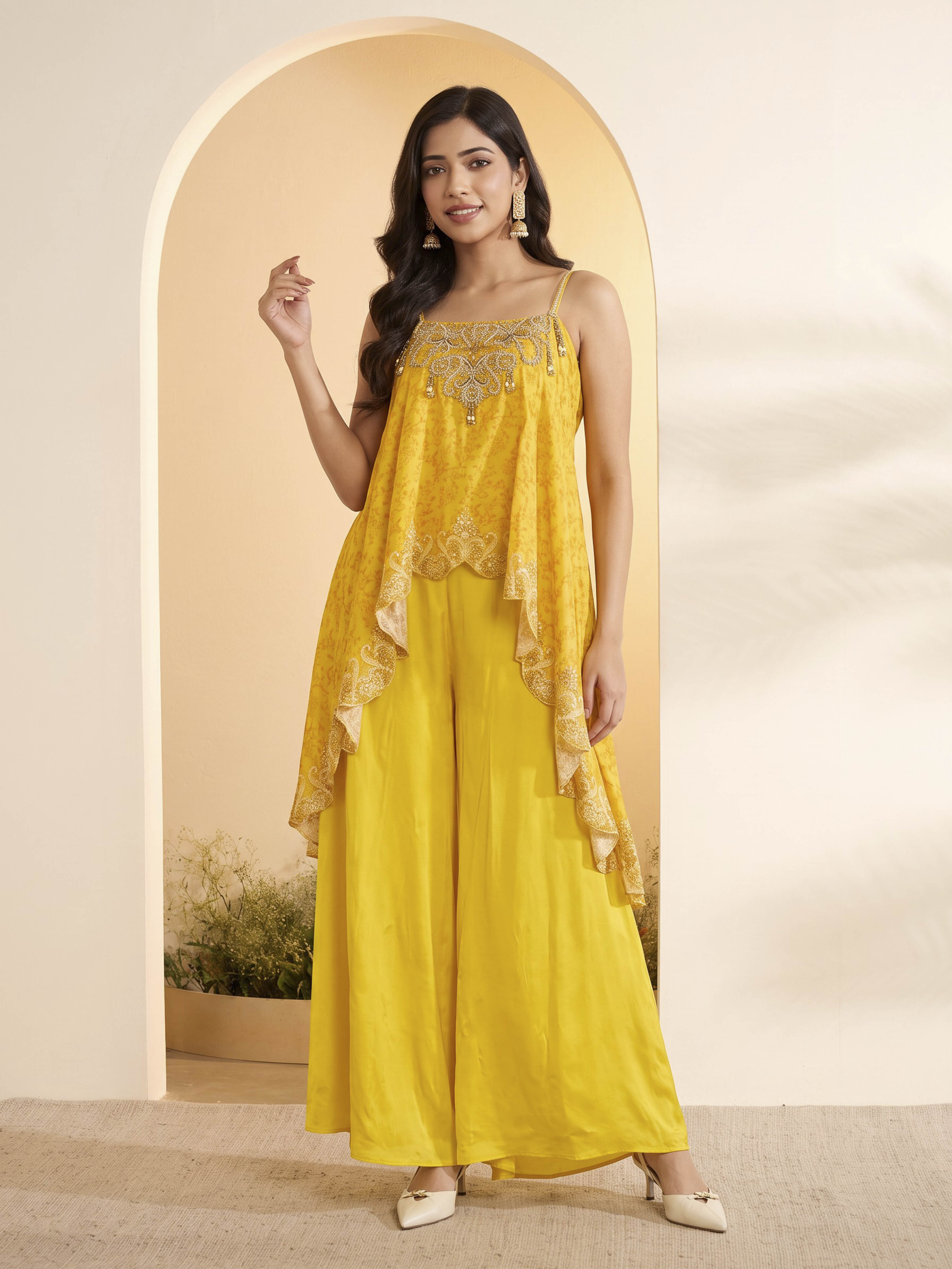 Yellow Modal Satin Asymmetric Suit Set image number 0
