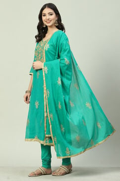 Turquoise Art Silk Straight Kurta Churidar Suit Set image number 0