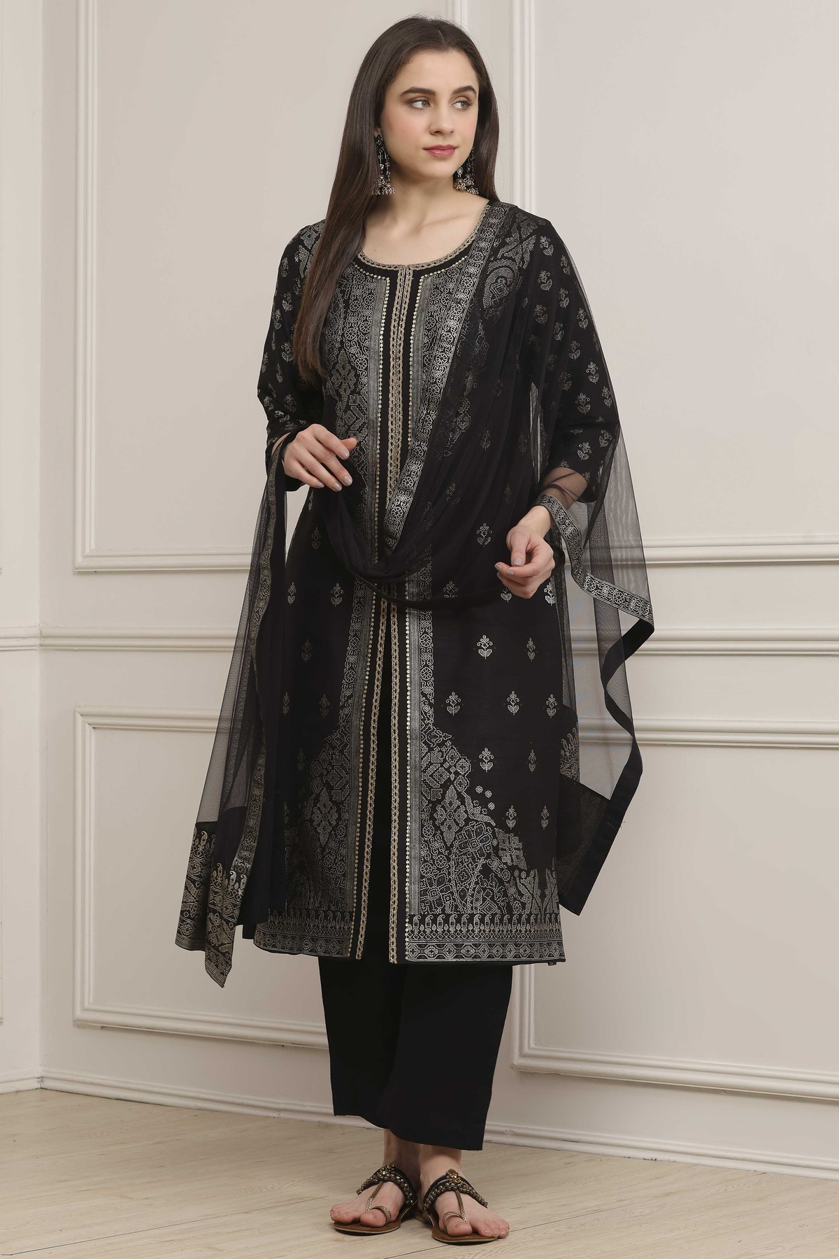Biba by Rohit Bal Black Poly Dupion Printed Straight Kurta Set