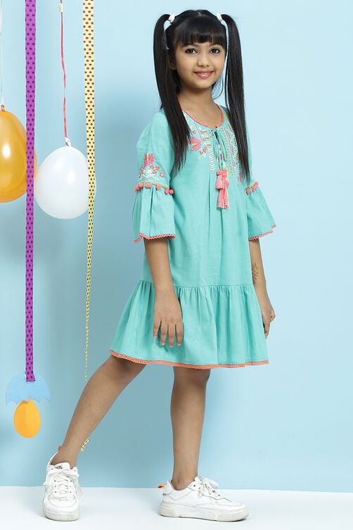 Turquoise Flared Cotton Flax Dress image number 0