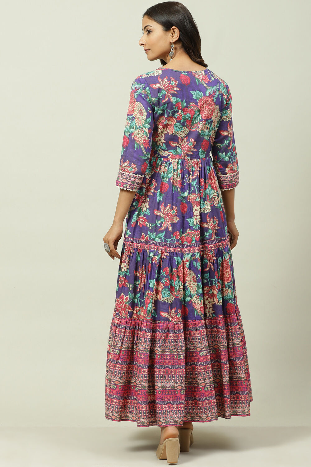 Purple Cotton Flared Fusion Dress image number 4