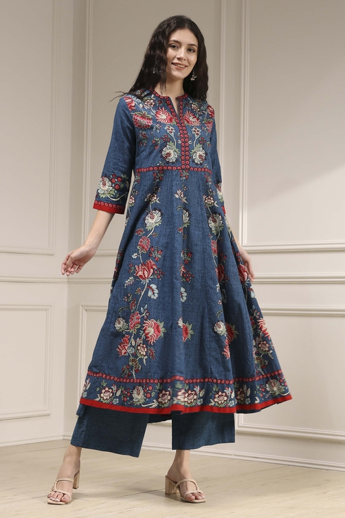 Blue Cotton Printed Anarkali Suit Set image number 5