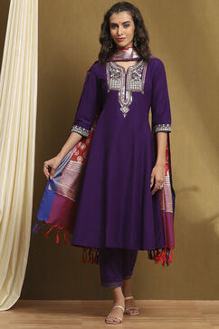 Purple Embroidered Kalidar Suit Set image number 0