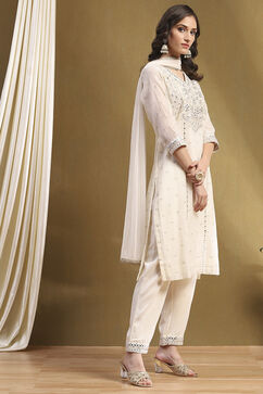 Off-white Poly Chanderi Embroidered Festive Straight Suit Set image number 5
