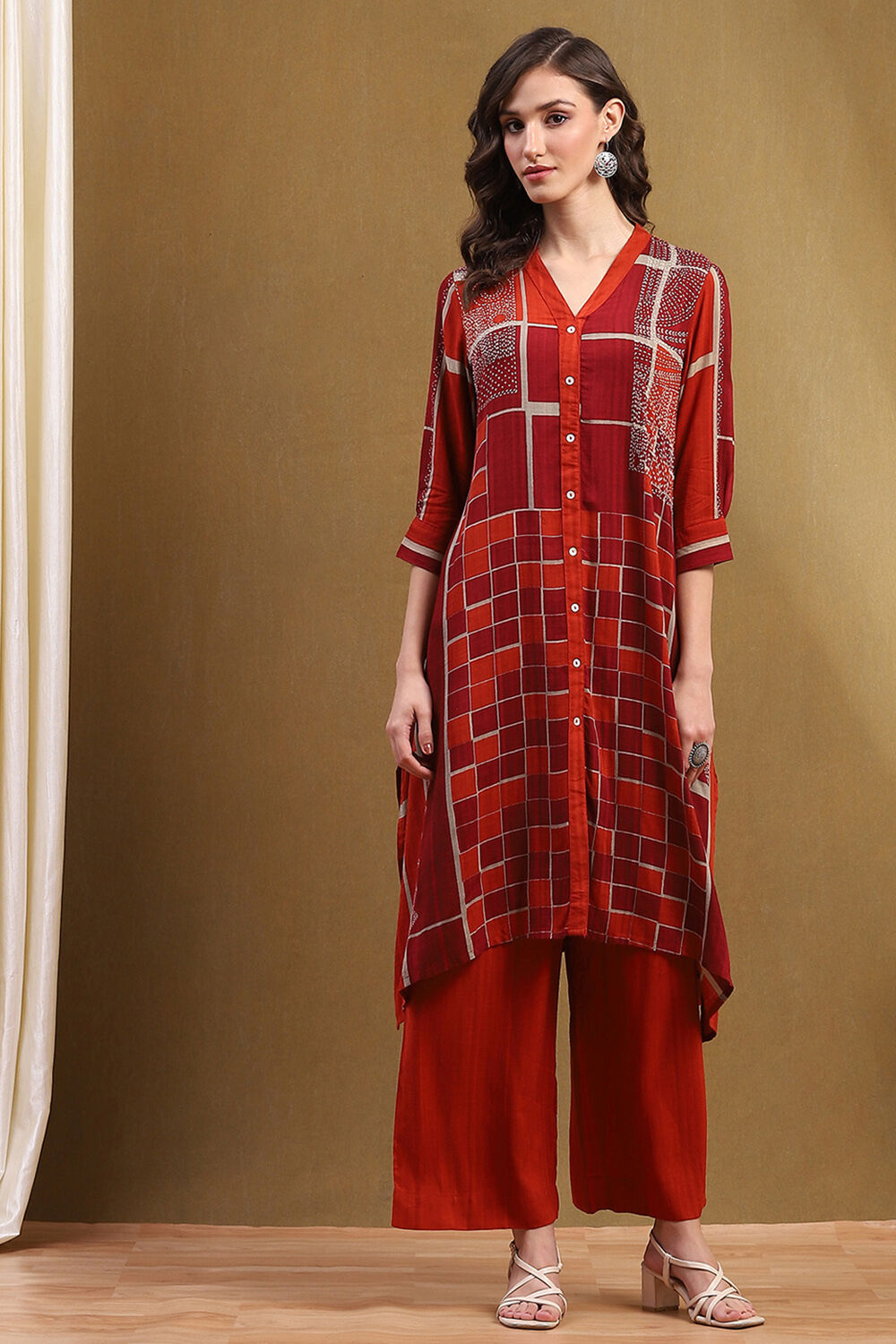 Red Geometric Hand-Blocked Printed Straight Kurta Set image number 6