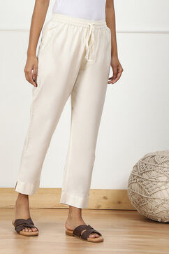 Cream Poly Viscose Slim Yarndyed Pants image number 3
