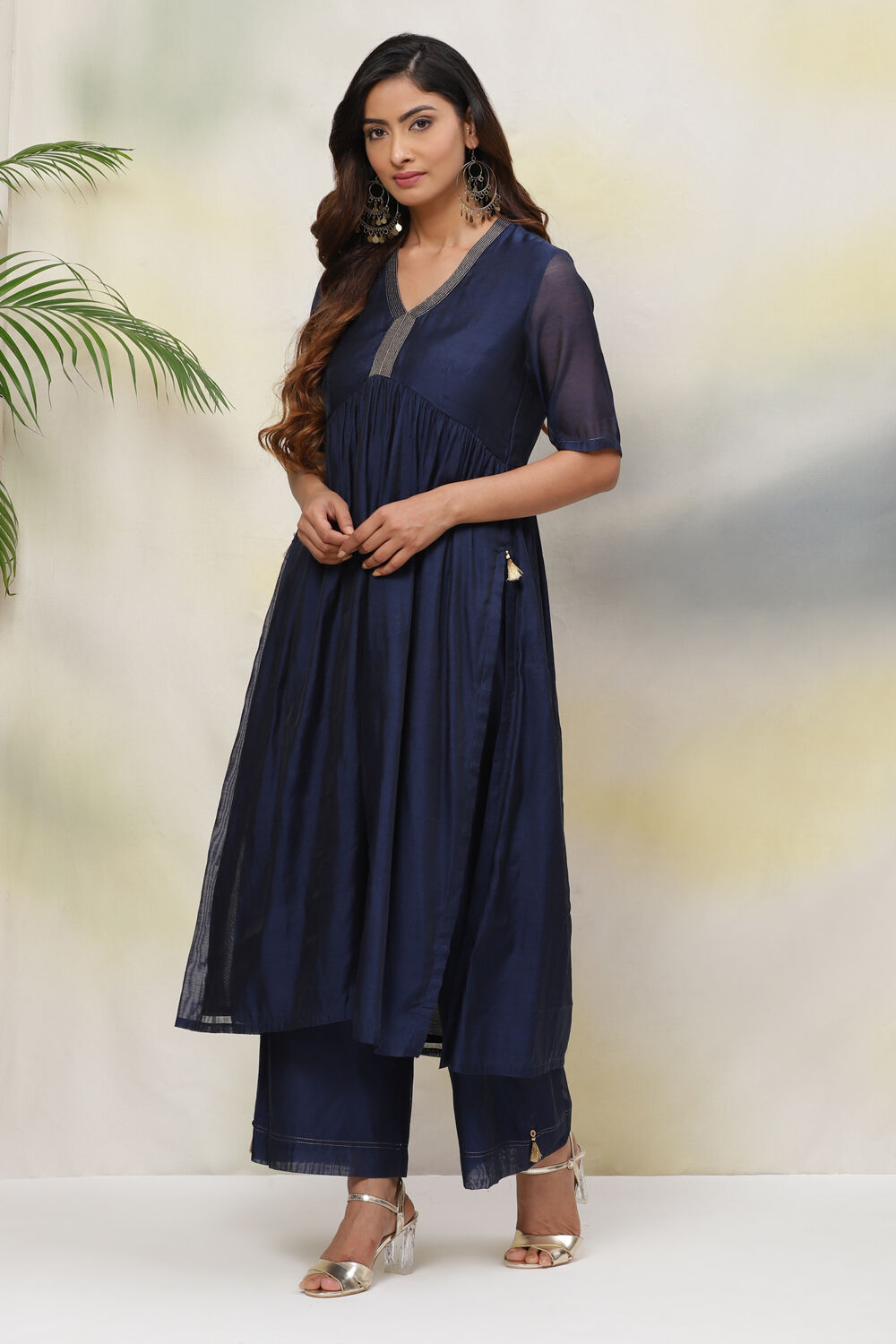 Navy Flared Art Silk Fusion Wear 2 Piece Set image number 3
