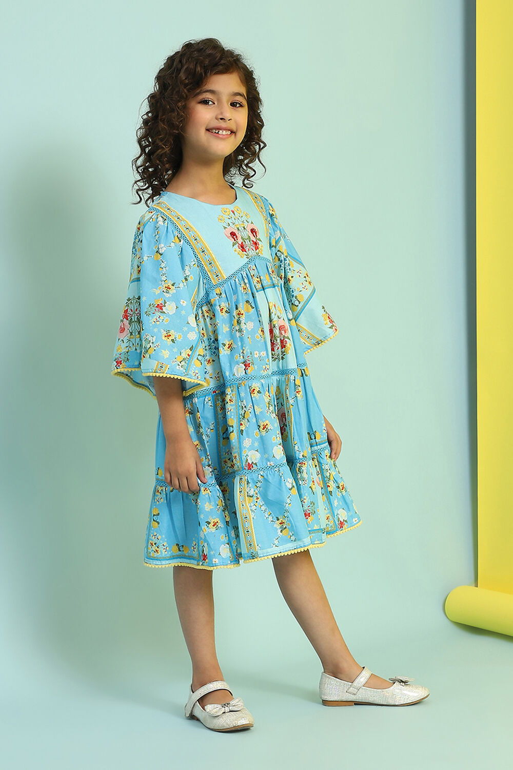 Sky Blue Cotton Printed Tiered Dress image number 4