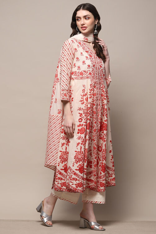 Off White Cotton Anarkali Suit Set image number 6