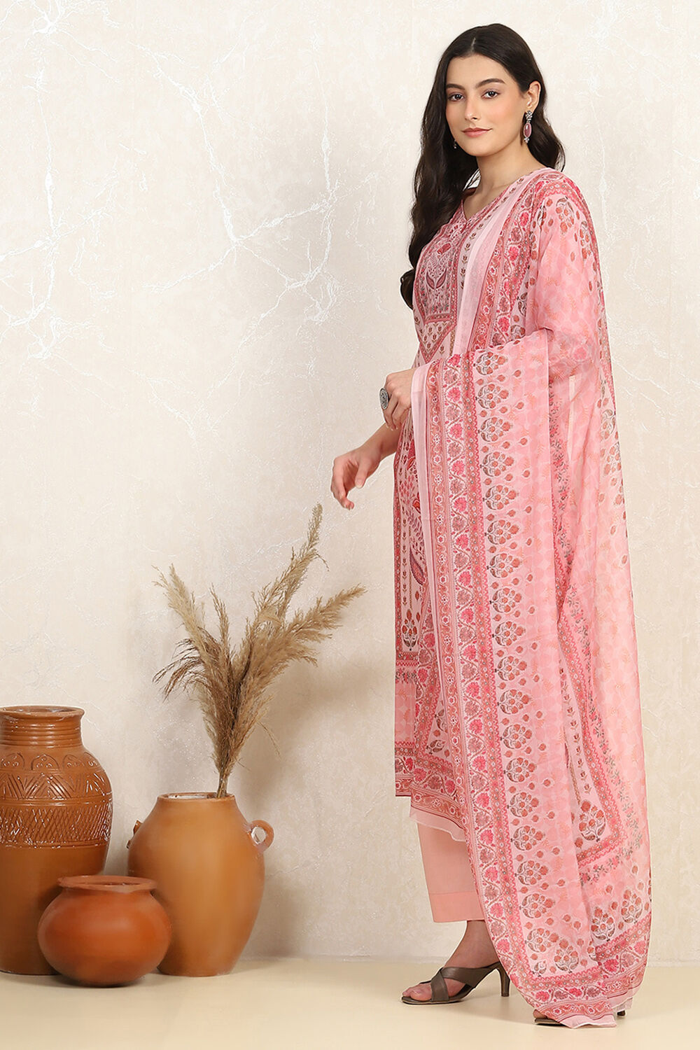 Pink Cotton Digital Print Unstitched Suit Set image number 4