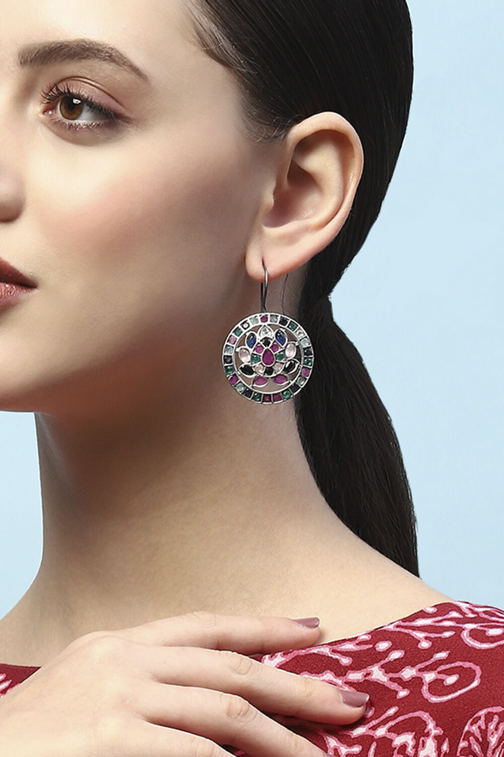 Multi-coloured Oxidised Navratan Circular Danglers image number 3