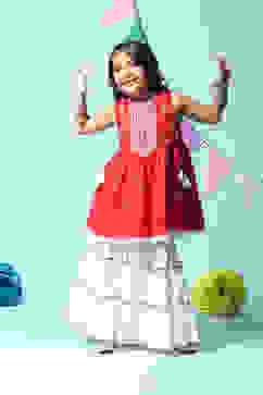 Red Cotton Gathered Kurta Sharara 2 Piece Set image number 0