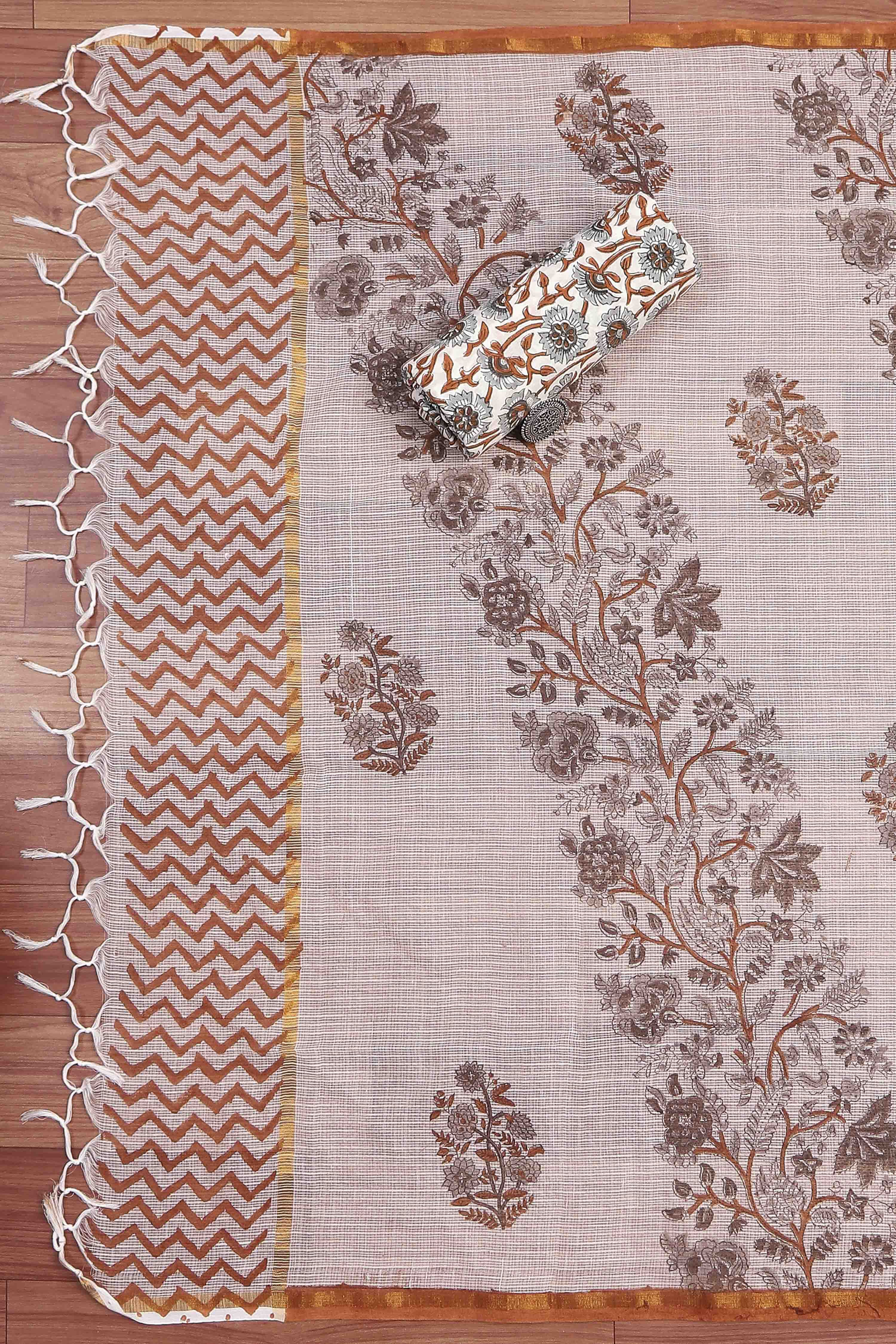 Grey Cotton Hand Block Print Unstitched Suit Set image number 3