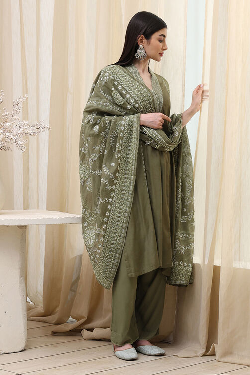 Sage Green Cotton Blend Straight Kurta Palazzo Suit Set image number 0