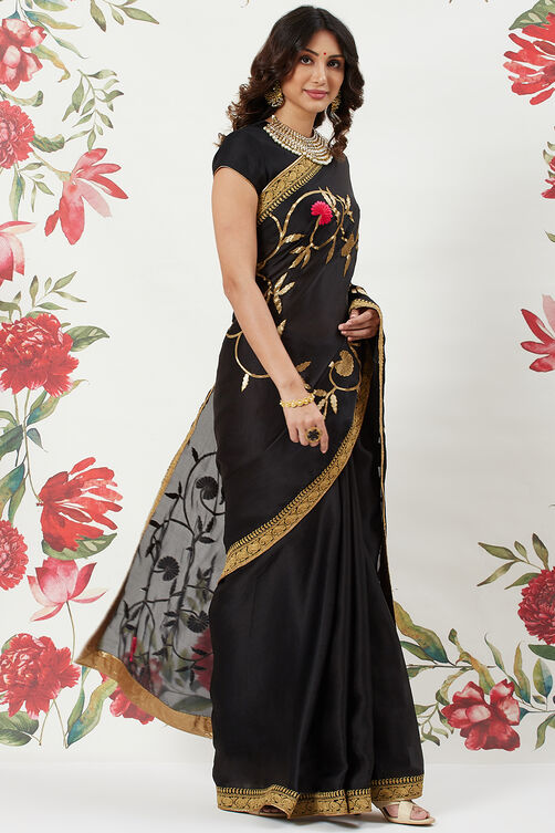 Rohit Bal Black Chanderi Silk Solid Saree With Blouse image number 4