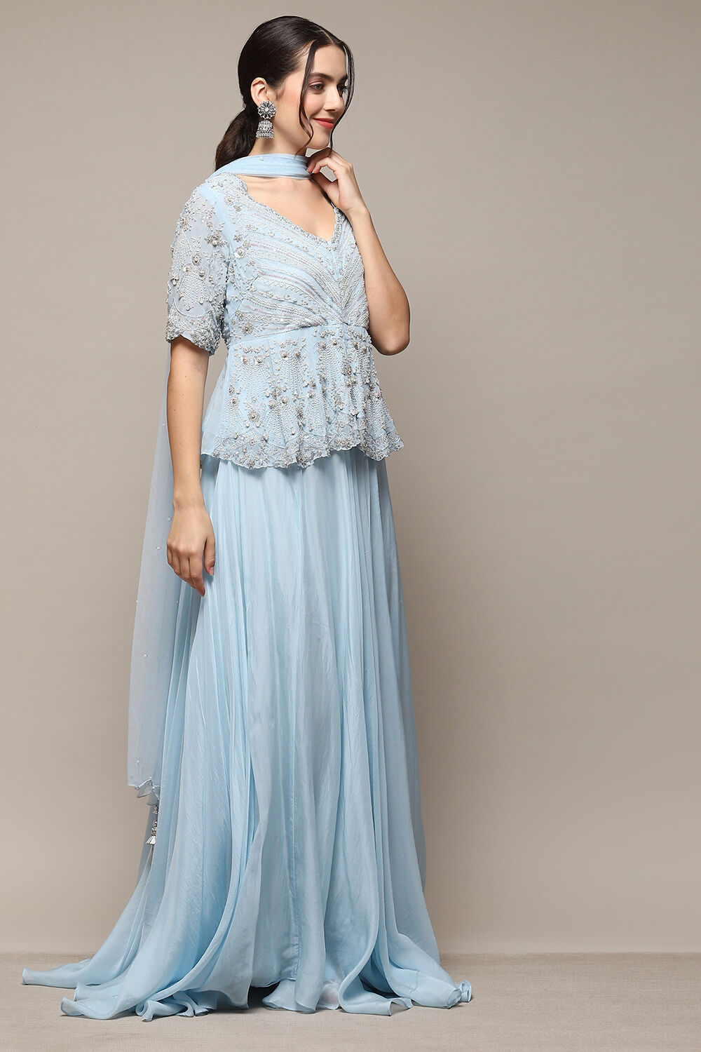 Powder Blue Viscose Short Kurta Skirt Suit Set image number 5