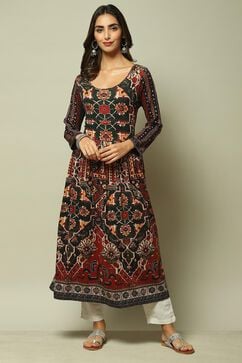 Rust Cotton Blend Flared Printed Dress image number 5