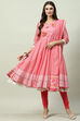 White And Pink Cotton Anarkali Kurta Churidar Suit Set