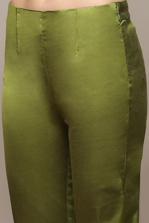Green Silk Straight Kurta Slim Pant Suit Set image number 2