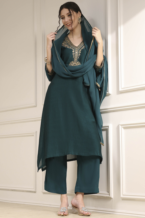 Green Striped Straight Suit Set