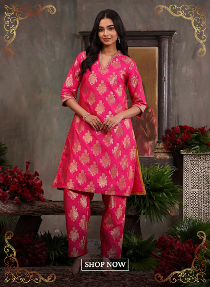 Fuchsia Pink Art Silk Printed Straight Co-ord Set