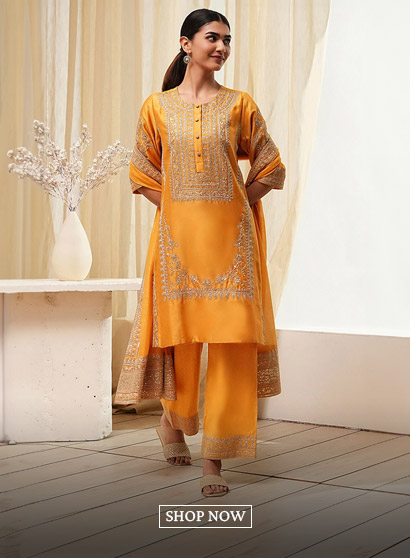 Ochre Yellow Cotton Silk Straight Suit Set
