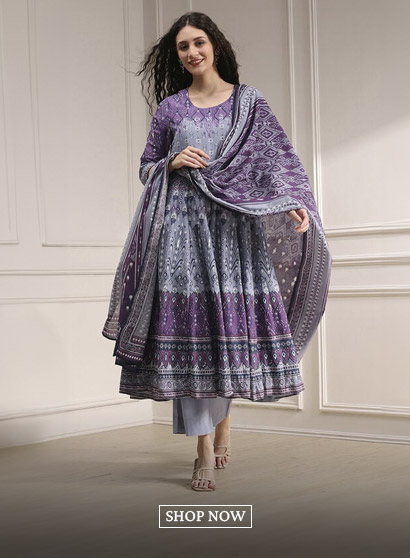Lilac Cotton Printed Anarkali Suit Set