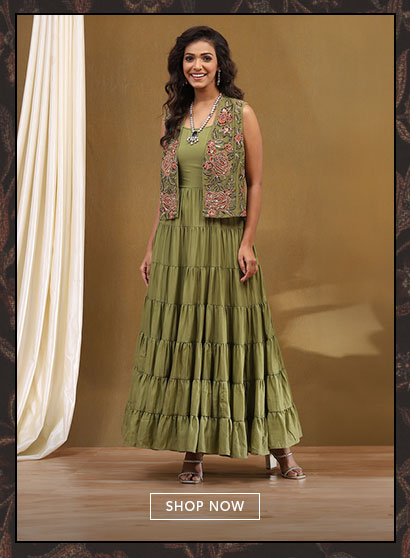 Green Georgette Festive Tiered Anarkali Dress