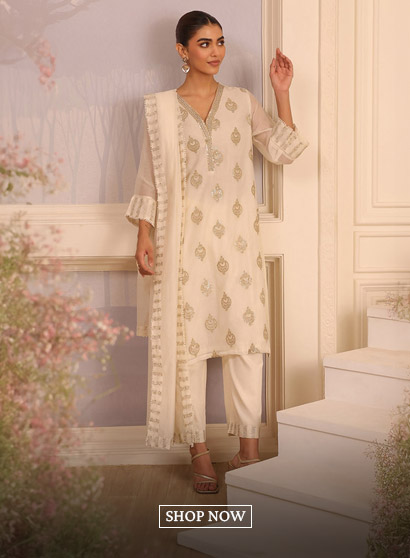 Off-White Chanderi Embroidered Straight Suit Set