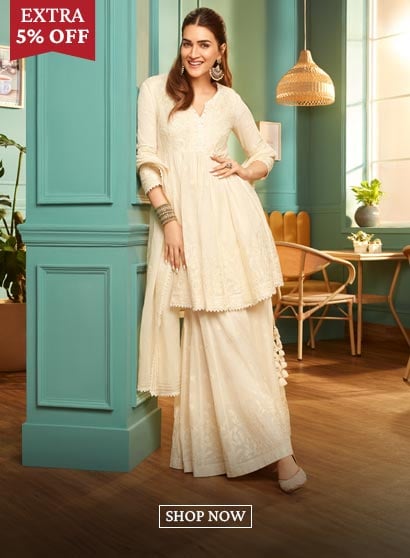 Off-White Cotton Embroidered Flared Suit Set