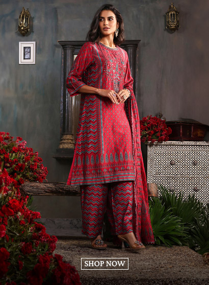 Red Printed Straight Suit Set