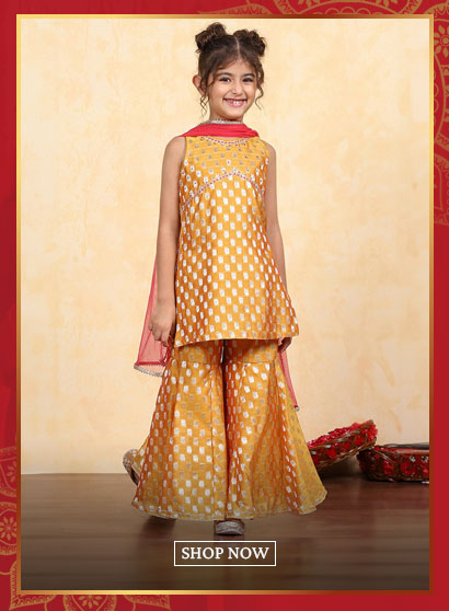 Yellow Brocade Yarndyed Fitted Sharara Suit Set