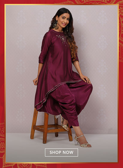 Deep Purple Flared Cotton Silk Fusion Wear 2 Piece Set