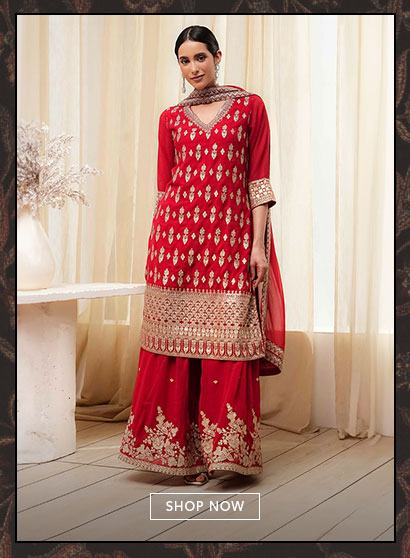 Red Embroidered Straight Suit Set