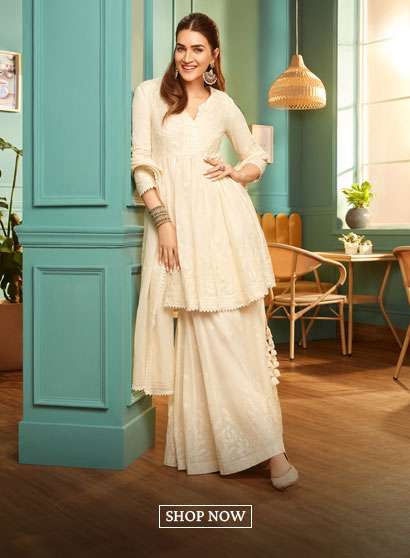 Off-White Cotton Embroidered Flared Suit Set