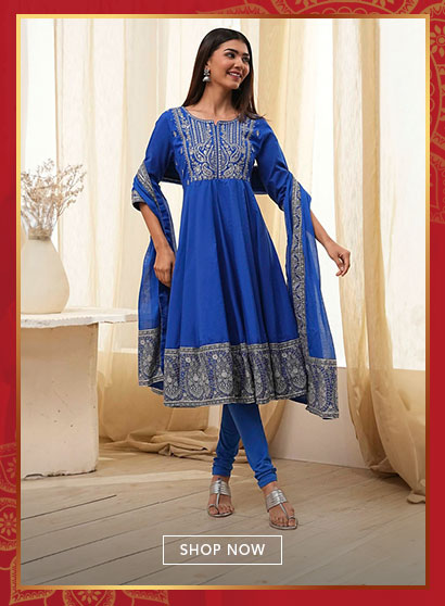 Blue Cotton Embroidered Anarkali Suit Set