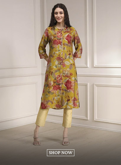 Yellow Floral Printed Straight Kurta