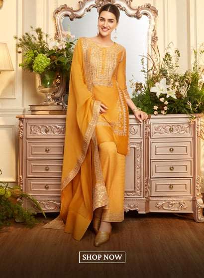 Ochre Yellow Cotton Silk Straight Suit Set