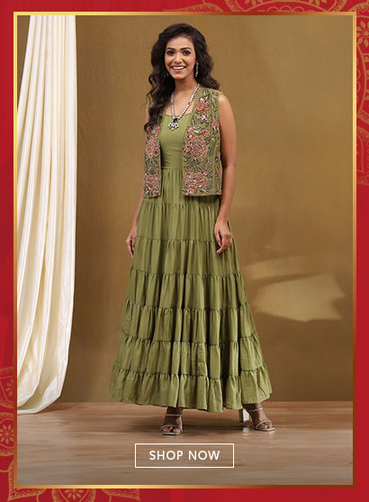 Green Georgette Festive Tiered Anarkali Dress