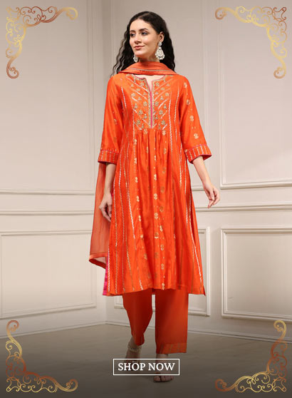 Orange Silk Straight Yarndyed Suit Set