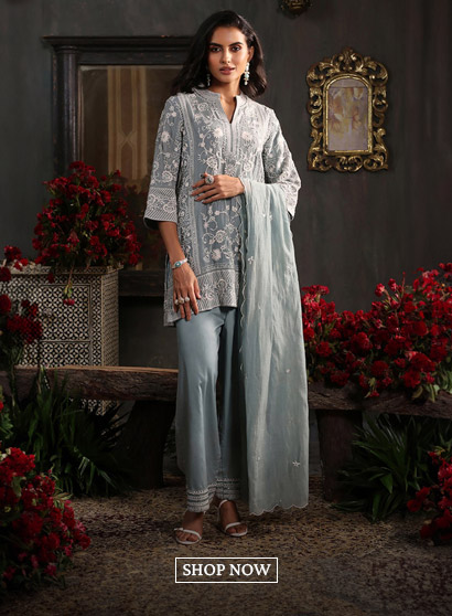 Earthy Blue Chanderi Embroidered Straight Suit Set