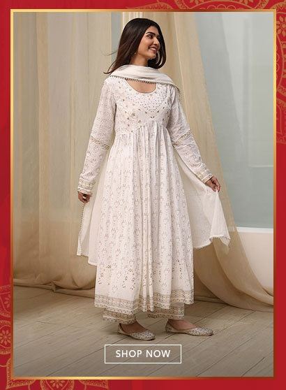 Off-White Cotton Printed Anarkali Suit Set