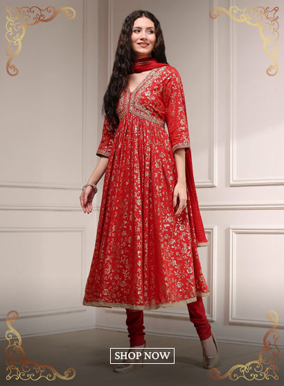 Red Cotton Foil Printed Anarkali Suit Set