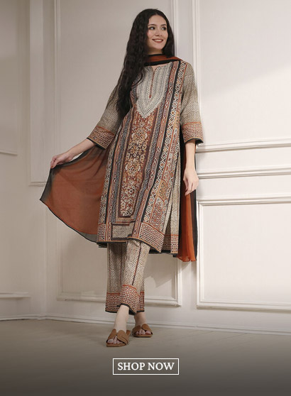 Brown Cotton Printed Straight Suit Set