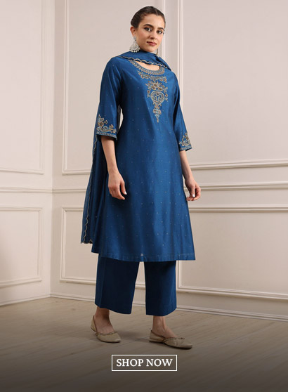 Blue Chanderi Embroidered Straight Suit Set