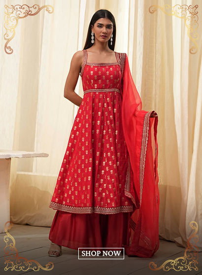 Red Yarn-Dyed Strappy Anarkali Suit Set