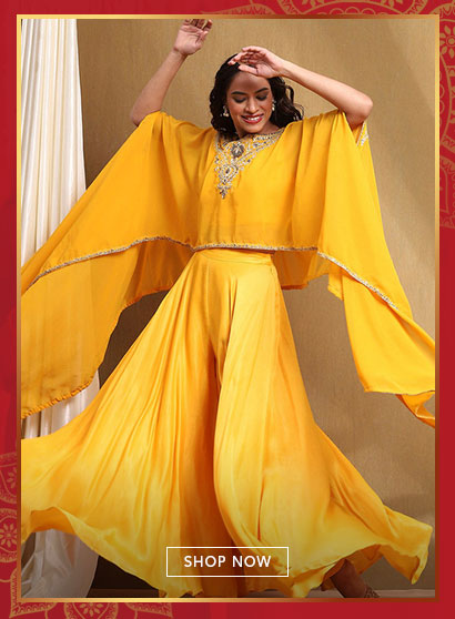 Yellow Embroidered Fusion Set