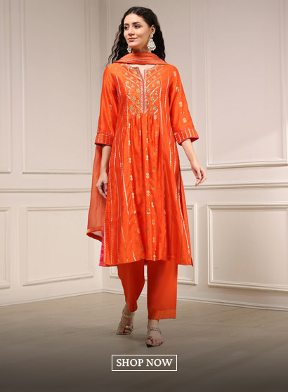 Orange Silk Straight Yarndyed Suit Set